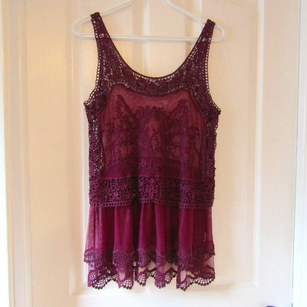 Burgundy Purple Lace Sleeveless Overlay Top